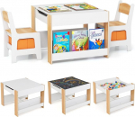 FANTASK 4-in-1 laste laud koos 2 tooliga, multifunktsionaalne puidust laste istumiskomplekt p&ouml;&ouml;ratava lauaga ja raamaturiiulitega, laste laua-tooli komplekt koos hoiuruumiga alates 3-aastastele lastele