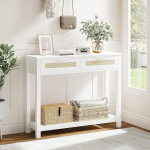 Rattan konsoollaud 2 sahtliga, kaasaegne k&uuml;ljelaud &uuml;he riiuliga, kitsas diivanilaud kallutuskaitsega, koridorim&ouml;&ouml;bel, sissep&auml;&auml;s, elutuba (valge)