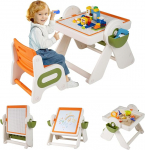 FANTASK 6-in-1 laste lauatoolide komplekt, p&ouml;&ouml;ratava lauaplaadiga, raamaturiiuli ja korvid, laste kokkupandav istumiskomplekt, m&auml;ngulaud, 3 tasandit, reguleeritav k&otilde;rgus, lastele alates 18 kuust.