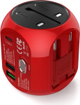 Universaalne reisiadapter QC3.0 kiirlaadimisega, 2 USB 3.0 pesa ja 1 Type-C liides (USA/EL/UK/AU) &uuml;hes multifunktsionaalses laadijas 180+ riigile, 2 kaitsmega (punane)