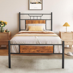 VECELO Bed 90 x 200 cm with Wooden Headboard, Wooden Metal Bed with Slatted Frame, Metal Bed Frame, Single Bed, Youth Bed, Guest Bed, Perfect for Bedroom, Brown