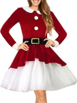 Proua Claus Naiste Elegantne Velvet pikkade varrukatega Mesh Hem A Line Dress koos m&uuml;tsiga Cosplay Party Christmas Outfit