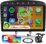 8 Core 4 + 64G: Hodozzy Carplay DAB DAB+ autoraadio Peugeot 308/408 2007-2015, 9-tolline puuteekraaniga Android autoraadio Android Car/WiFi/GPS/RDS/FM/Bluetooth/USB + tagurduskaamera
