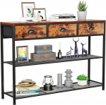 Furologee Entrance Table 38 Inch Console Sofa Table with 3 Fabric Drawers Industrial Entrance Table with Shelves Display Shelf for Living Room Hallway Entrance Foyer Rustic Brown