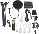 Akozon V8 Sound Card with Condenser Microphone, BM800 Condenser Microphone Studio Recording Kits Adjustable Stand for Sound Card Live Audio Mixer Portable Recording Console STU