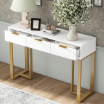 Konsolentisch, Flurtisch mit 3 Schubladen, Schmaler Beistelltisch, 120 x 36 x 80 cm, Sofatisch mit verstellbaren F&uuml;&szlig;en, Holz Metallgestell, Sideboard f&uuml;r Flur Schlafzimmer Wohnzimmer Foyer (Gold)