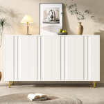 Sideboard 140 x 40 x 85,9 cm, k&ouml;&ouml;gikapp, hoiukapp, unikaalne kapiukse disain, vabalt seisev buffetkapp, elutuba, s&ouml;&ouml;gitoa kapp, tugevate metalljalgadega, valge/tumedat sinist v&auml;rvi.