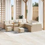 Modulares Terrassen-Set Beige, Gartensofa-Set 13-teilig mit Kissen und Stauraum als Outdoor-Sofa-Gruppe, Poly Rattan Gartenm&ouml;bel-Set mit 4 Armsofa, 6 Zweisitzern, 2 Hockern, 1