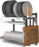 Wandmontierter Geschirrtrockner aus Edelstahl mit Haken, Essst&auml;bchenhalter und Messerhalter, 01en Zubeh&ouml;rregal, Utensilien-Organizer-Rack - Silber - 2-stufig