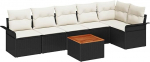 7-teiliges Garten Sofa Set mit Kissen Schwarz Poly Rattan Akazie, 2-Sitzer Garten Sofa mit Stauraum & Kissen Schwarz Poly Rattan Gartenlounge Model3356003