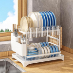 Large Capacity Dish Dryer, Multifunctional Dish Rack with Drip Tray and Drink Holder, 2-Tier Dish Dryer for Kitchen Counter, Space Saving, White, 42 x 30 x