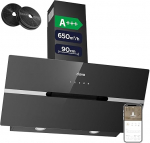 CIARRA CBCB9736F A+++ Cooker Hood 90 cm Convection Headless Slant Hood 650 m&sup3;/h Automatic Glass Plate Wi-Fi App Touch Control Booster Exhaust Air with CBCF003 Activated Carbon Filter 4 Levels Black