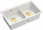 Graniteq QUADRON | LOGAN 120 | granitowy zlewozmywak kuchenny SNOW WHITE + ZŁOTO PVD | wymiar: 76 x 45 x 23,5 cm | 2-komorowy podwieszany | podbudowa szafki od: 80 cm