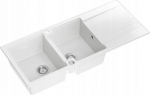 Graniteq Zlewozmywak GraniteQ EVAN 121 GraniteQ zlewozmywak z syfonem Push To Open 2-komorowy z/o (1160x500x210, kom. 420x340) snow white / elementy stalowe