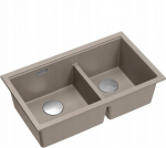 Graniteq QUADRON | LOGAN 120 | granitowy zlewozmywak kuchenny SOFT TAUPE + STAL | wymiar: 76 x 45 x 23,5 cm | 2-komorowy wpuszczany | podbudowa szafki od: 80 cm
