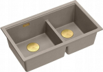 Graniteq QUADRON | LOGAN 120 | granitowy zlewozmywak kuchenny SOFT TAUPE + ZŁOTO PVD | wymiar: 76 x 45 x 23,5 cm | 2-komorowy wpuszczany | podbudowa szafki od: 80 cm