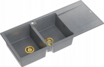 Graniteq Zlewozmywak GraniteQ EVAN 121 zlewozmywak z syfonem Push To Open 2-komorowy z/o (1160x500x210, kom. 420x340) silver stone / elementy złote