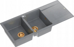 Graniteq Zlewozmywak GraniteQ EVAN 121 zlewozmywak z syfonem Push To Open 2-komorowy z/o (1160x500x210, kom. 420x340) silver stone / elementy miedziane