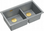 Graniteq QUADRON | LOGAN 120 | granitowy zlewozmywak kuchenny SILVER STONE + ZŁOTO PVD | wymiar: 76 x 45 x 23,5 cm | 2-komorowy podwieszany| podbudowa szafki od: 80 cm