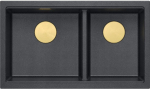 Graniteq QUADRON | LOGAN 120 | granitowy zlewozmywak kuchenny PURE CARBON + ZŁOTO PVD | wymiar: 76 x 45 x 23,5 cm | 2-komorowy podwieszany | podbudowa szafki od: 80 cm