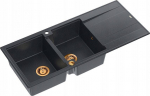 Graniteq Zlewozmywak GraniteQ EVAN 121 GraniteQ zlewozmywak z syfonem Push To Open 2-komorowy z/o (1160x500x210, kom. 420x340) black diamond / elementy miedziane