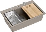 Graniteq Zlewozmywak GraniteQ MARC 110 WORKSTATION zlewozmywak 1-komorowy 760*500*235 mm soft taupe + syfon push to open + dozownik stal szcz.+ wkładka ociekowa+ Qmata +deska/ elementy stalowe