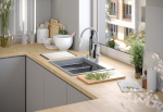 Graniteq Zlewozmywak GraniteQ KURT 110 WORKSTATION zlewozmywak granitowy silver stone 1-komorowy z/o (59,5x50x21,5) z syfonem i dozownik + Qmata + deska + wkładka ociekowa+zestaw noży Fiskars