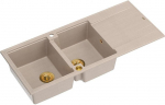 Graniteq Zlewozmywak GraniteQ EVAN 121 zlewozmywak z syfonem Push To Open 2-komorowy z/o (1160x500x210, kom. 420x340) pearl beige / elementy złote