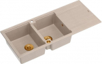 Graniteq Zlewozmywak GraniteQ EVAN 121 zlewozmywak z syfonem Push To Open 2-komorowy z/o (1160x500x210, kom. 420x340) pearl beige / elementy miedziane