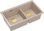Graniteq QUADRON | LOGAN 120 | granitowy zlewozmywak kuchenny PEARL BEIGE + ZŁOTO PVD | wymiar: 76 x 45 x 23,5 cm | 2-komorowy podwieszany | podbudowa szafki od: 80 cm