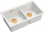 Graniteq QUADRON | LOGAN 120 | granitowy zlewozmywak kuchenny SNOW WHITE + MIEDŹ PVD | wymiar: 76 x 45 x 23,5 cm | 2-komorowy podwieszany | podbudowa szafki od: 80 cm