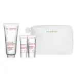 Komplekt Clarins: niisutav, sheav&otilde;iga, kehakreem, keha, 200 ml + Jeunesse Des Mains pehmendav k&auml;tekreem, 30 ml + Gommage kooriv kehakoorija, 30 ml + Clarins, lukuga, GWP tekstiilist kott, valge