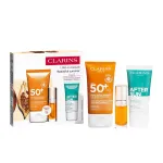 Komplekt Clarins: Clarins, niisutav p&auml;ikesekaitsekreem, n&auml;ole, SPF 50+, 50 ml + taastav p&auml;ikesej&auml;rgne palsam, 30 ml + huulepalsam, huule&otilde;li, 01, 7 ml