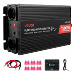 VEVOR 1500W Pure Sine Wave Inverter 12V DC to 230V AC with USB, Type-C, 2 AC Outlets, Remote Control for RV, Car, Camping