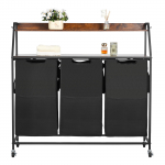 VEVOR 3-osaline pesukorvisorteerija metallraami, puidust pealispinna ja ratastega &ndash; 2-kihiline rulluv korv 45L kottide ja riiulitega, 30kg kandev&otilde;ime