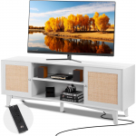 VEVOR 191 cm boho stiilis valge rotangist TV-alus sisseehitatud pistikupesaga, sobib kuni 75'' TV-le, hoiuruumiga