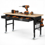 VEVOR 1524 mm reguleeritav t&ouml;&ouml;laud, 680 kg, tamme t&ouml;&ouml;pind sahtli, pistikupesa, rataste ja perforplaadiga garaaži ja t&ouml;&ouml;tuppa