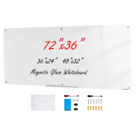 VEVOR Magnetiline klaastahvel 183x91 cm, raamita, markerialuse, kustutuskummi ja markeritega, seinale kinnitatav, valge