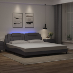 Voodiraam LED-tuledega, hall, 200x200 cm, kunstnahk