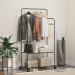 Riidepuu riiuliga rattaga ladustamisega must 80 x 53 x 156 cm