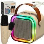 Karaoke komplekts 2 mikrofoni + portatīvais skaļrunis BLUETOOTH USB LED bē&scaron;s