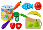 Set of Vegetables and Fruits for Cutting in a Bucket, Board, Wooden Knife