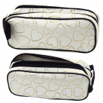 School Office Pencil Case, Two-Compartment, Golden Hearts, White, 23.5x10 cm