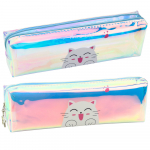 Children's School Pencil Case Holographic With Cat Blue 21x6cm