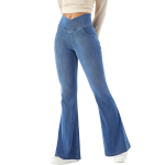 K&otilde;rge v&ouml;&ouml;kohaga bootcut-l&otilde;ikega teksastiilis p&uuml;ksid (Medium Blue)