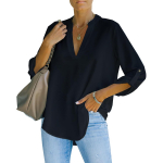 Elegantne must V-kaelusega ja &uuml;leskeeratavate varrukatega pluus, XXL