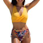 Bikiinikomplekt Twist-Front lillemustriga &ndash; Kollane, XXL