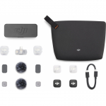 DJI Mic Mini 2, kaksikanteline + mobiilivastaanotin ja laadimiskarp.