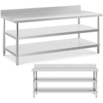 Royal Royal Catering Table, stainless steel, wall top with edge, 2 shelves, 200x90cm