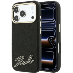 Dėklas Dėklas Karl Lagerfeld Grained with Resin Signature Logo MagSafe, skirtas iPhone 18 Pro / 17 Pro, juodas